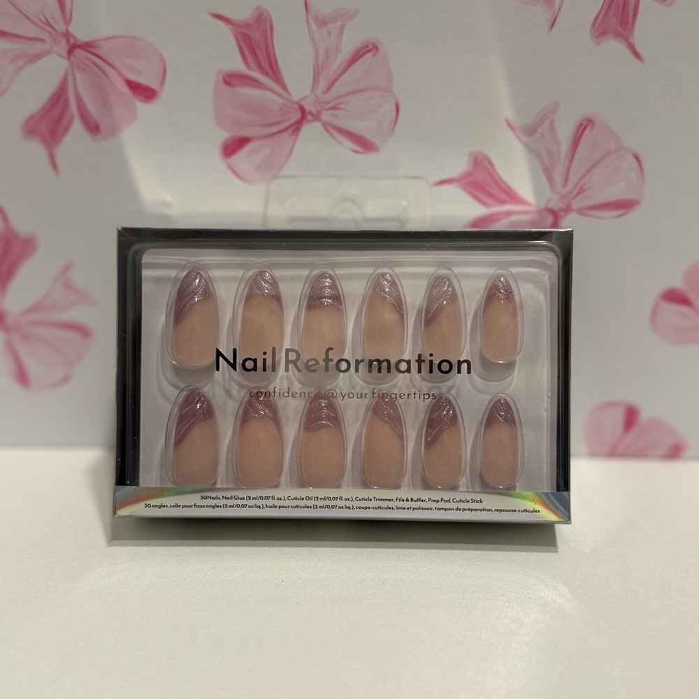 Nail Reformation Nude Press-On Nails with Shimmer French Tips‎ Medium Almond